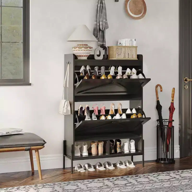 Shoe Cabinet with 2 Flip Drawers, Wooden Narrow Shoe Organizer, Freestanding Hidden Shoe Rack Cabinet with Metal Legs for Entryway Living Room