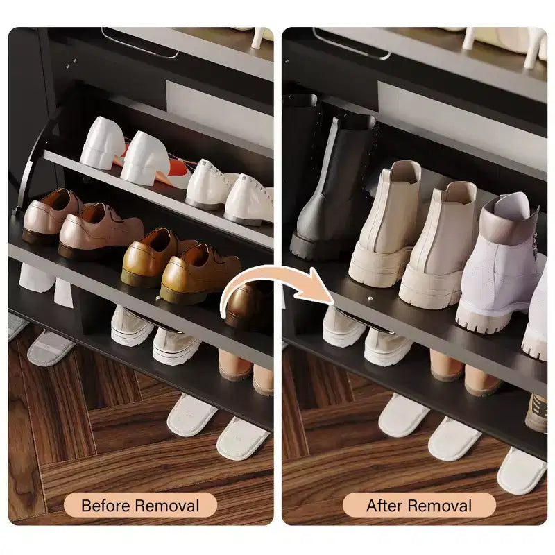 Shoe Cabinet with 2 Flip Drawers, Wooden Narrow Shoe Organizer, Freestanding Hidden Shoe Rack Cabinet with Metal Legs for Entryway Living Room