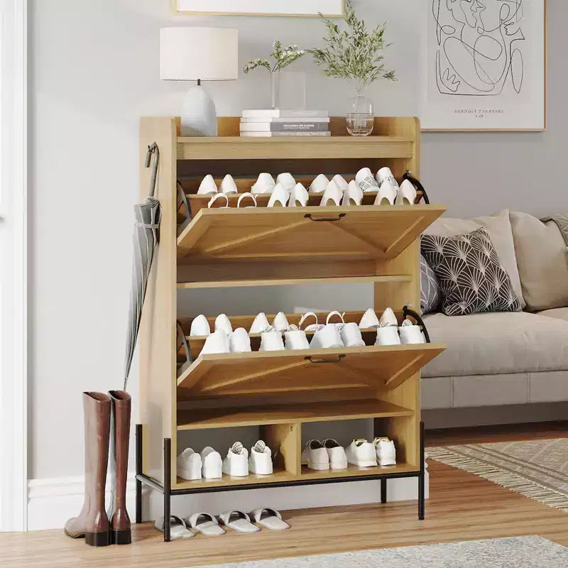 Shoe Cabinet with 2 Flip Drawers, Wooden Narrow Shoe Organizer, Freestanding Hidden Shoe Rack Cabinet with Metal Legs for Entryway Living Room