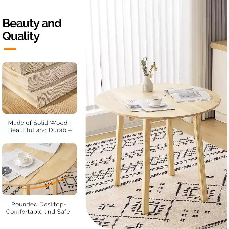 VINGLI 35 Solid Wood Folding Dining Table,Expandable Folding Round Table for Home, Apartment,Office