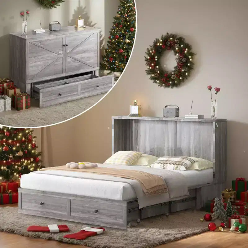 Mjkone Modern Full/Queen Size Murphy Bed Chest With Storage,NO MATTRESS,GREY