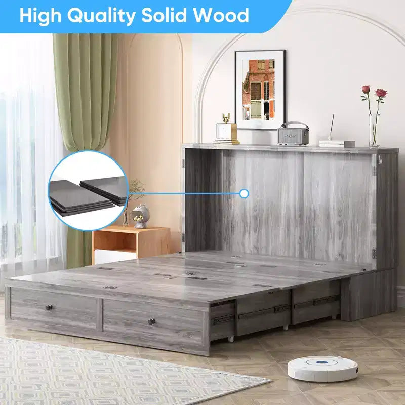 Mjkone Modern Full/Queen Size Murphy Bed Chest With Storage,NO MATTRESS,GREY