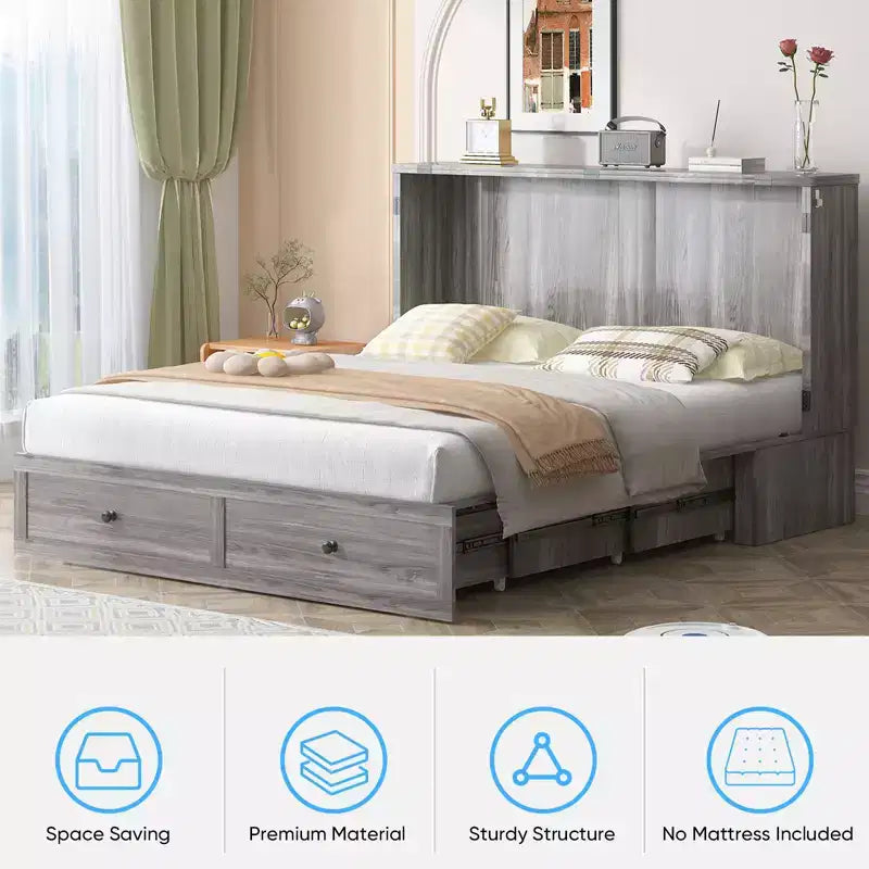 Mjkone Modern Full/Queen Size Murphy Bed Chest With Storage,NO MATTRESS,GREY