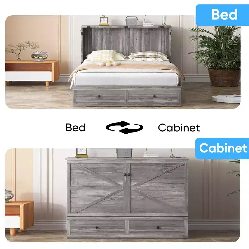 Mjkone Modern Full/Queen Size Murphy Bed Chest With Storage,NO MATTRESS,GREY