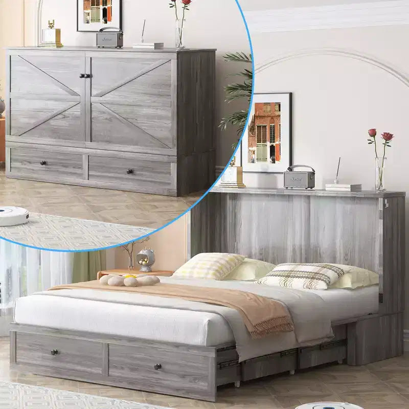 Mjkone Modern Full/Queen Size Murphy Bed Chest With Storage,NO MATTRESS,GREY