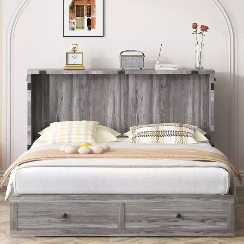 Mjkone Modern Full/Queen Size Murphy Bed Chest With Storage,NO MATTRESS,GREY