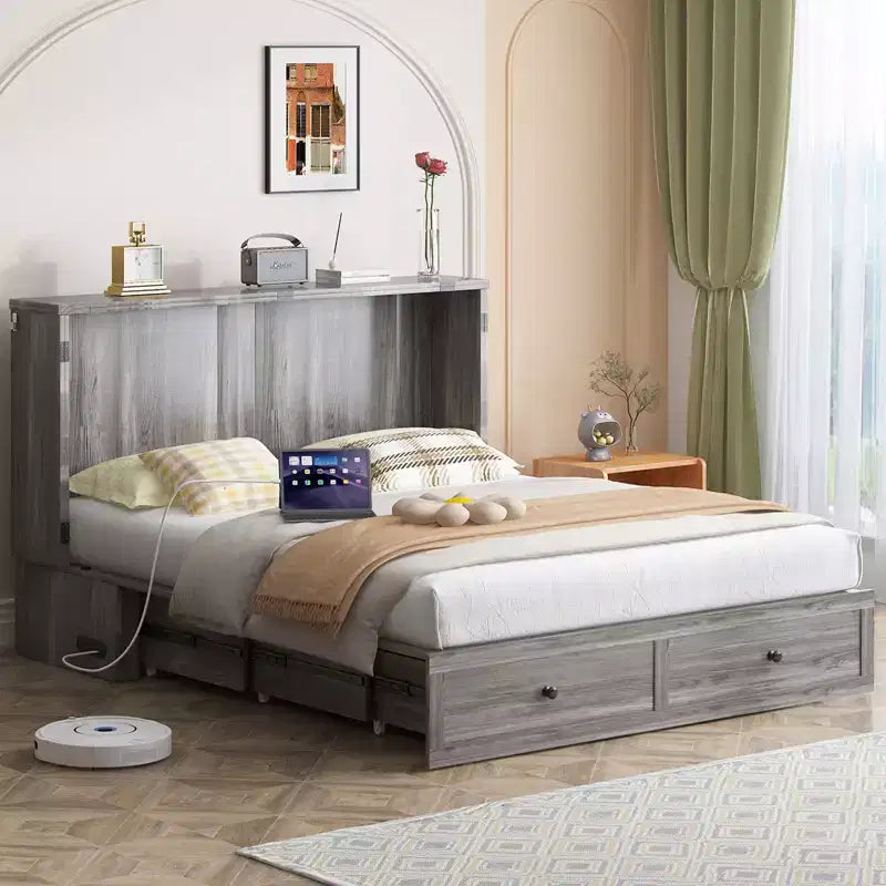 Mjkone Modern Full/Queen Size Murphy Bed Chest With Storage,NO MATTRESS,GREY