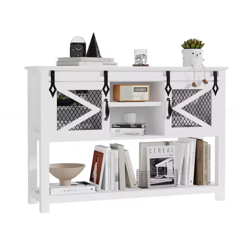 46 Farmhouse Console Table C White Sliding Barn Door Sofa Table (for Living Room/Entryway/Foyer)