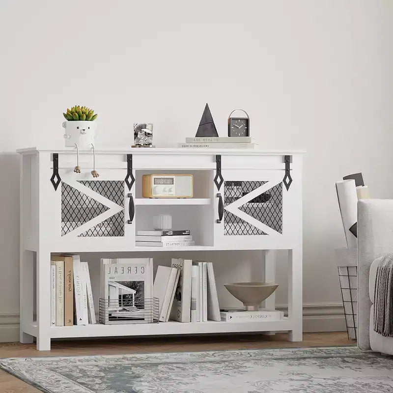 46 Farmhouse Console Table C White Sliding Barn Door Sofa Table (for Living Room/Entryway/Foyer)