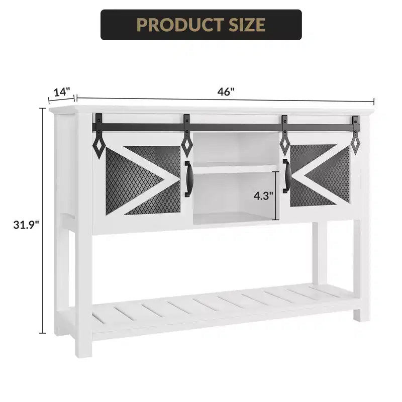 46 Farmhouse Console Table C White Sliding Barn Door Sofa Table (for Living Room/Entryway/Foyer)