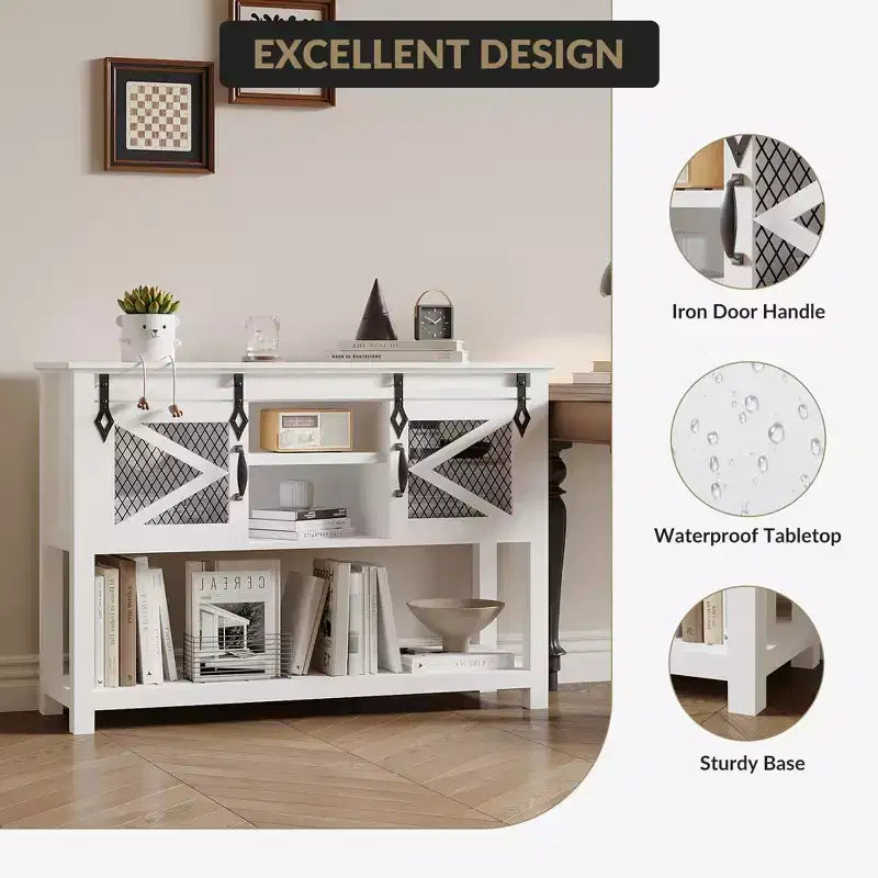 46 Farmhouse Console Table C White Sliding Barn Door Sofa Table (for Living Room/Entryway/Foyer)