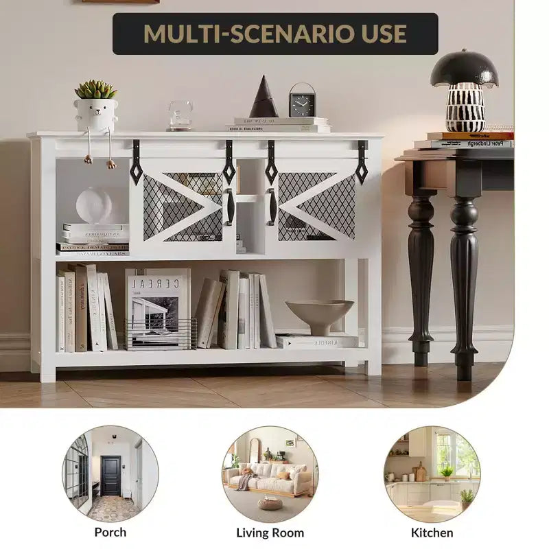 46 Farmhouse Console Table C White Sliding Barn Door Sofa Table (for Living Room/Entryway/Foyer)