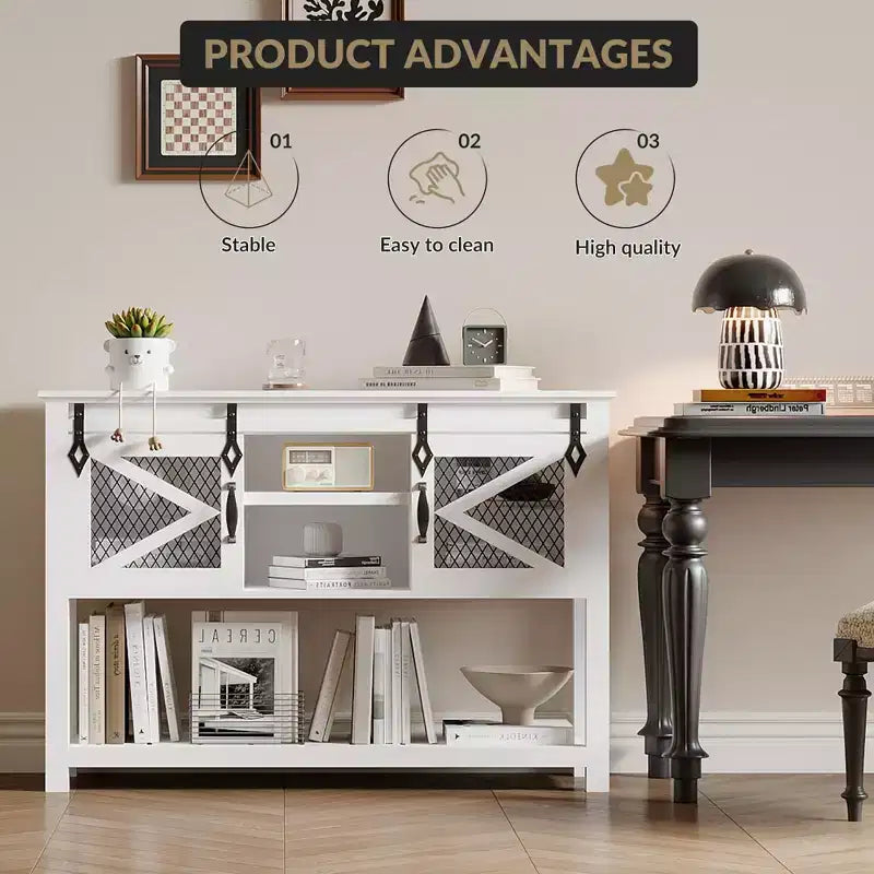 46 Farmhouse Console Table C White Sliding Barn Door Sofa Table (for Living Room/Entryway/Foyer)