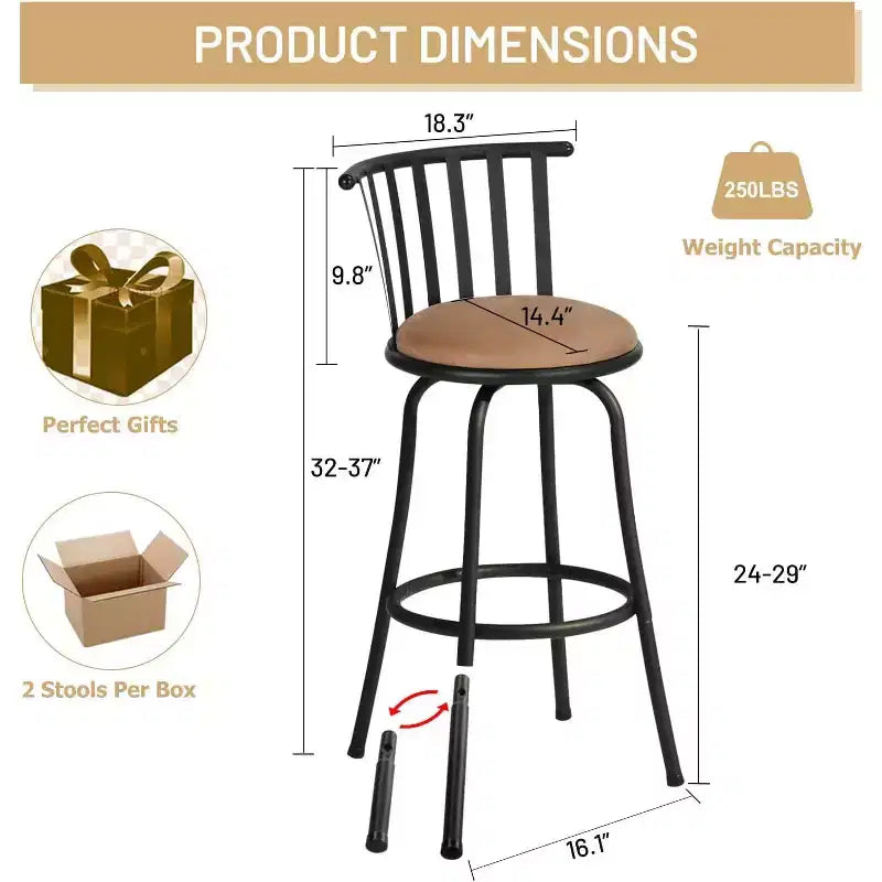 FurnitureR Bar Stools Swivel Set of 2, Adjustable Counter Height Low Back with Comfortable Footrest, Armless with Interchangeable Legs, 24/29 Inch