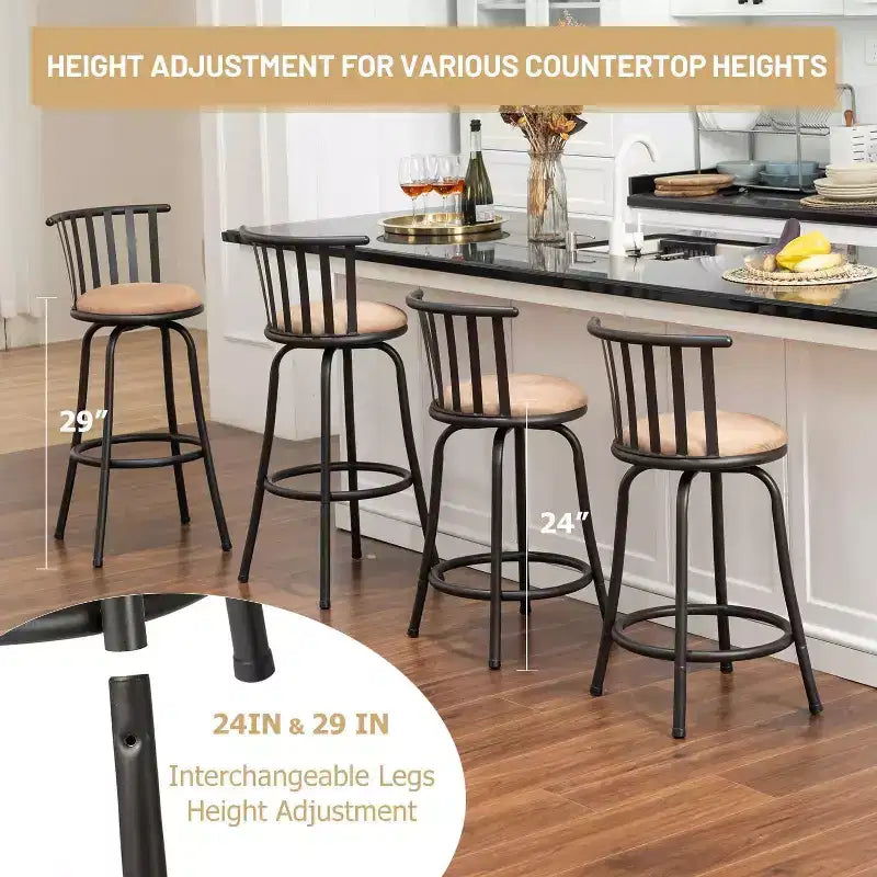 FurnitureR Bar Stools Swivel Set of 2, Adjustable Counter Height Low Back with Comfortable Footrest, Armless with Interchangeable Legs, 24/29 Inch