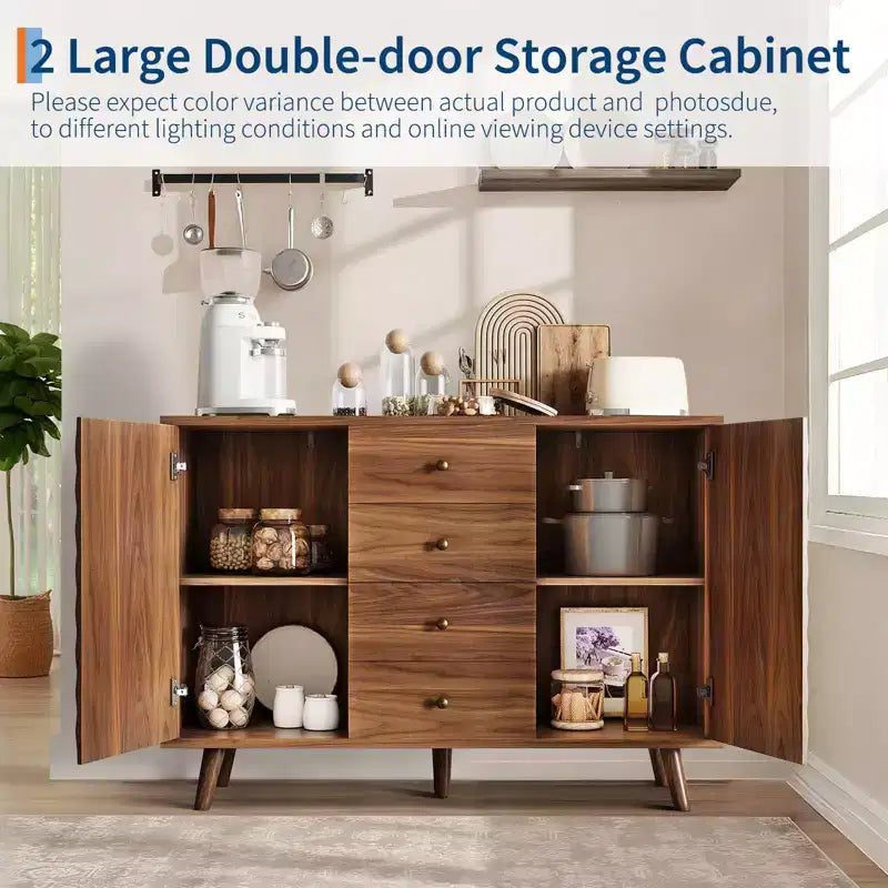 GustoWave 47 in Wood Farmhouse Buffet Cabinets with 2 Doors and 4 Drawers, Large Sideboard Buffet Cabinet with Diamond Engraving