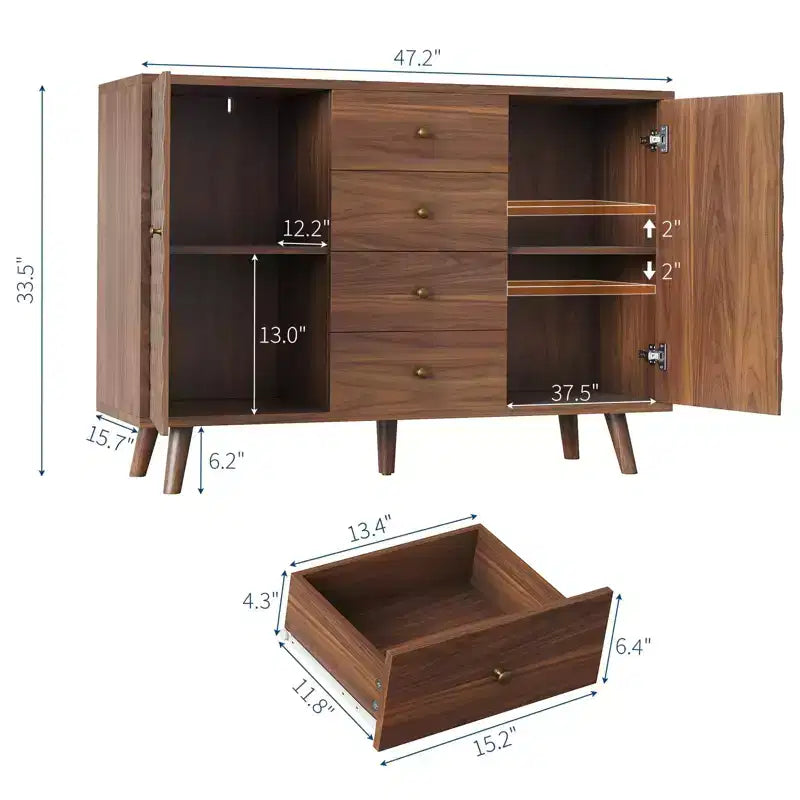GustoWave 47 in Wood Farmhouse Buffet Cabinets with 2 Doors and 4 Drawers, Large Sideboard Buffet Cabinet with Diamond Engraving