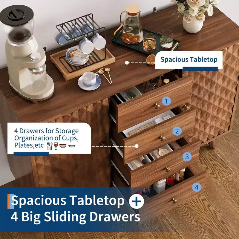 GustoWave 47 in Wood Farmhouse Buffet Cabinets with 2 Doors and 4 Drawers, Large Sideboard Buffet Cabinet with Diamond Engraving