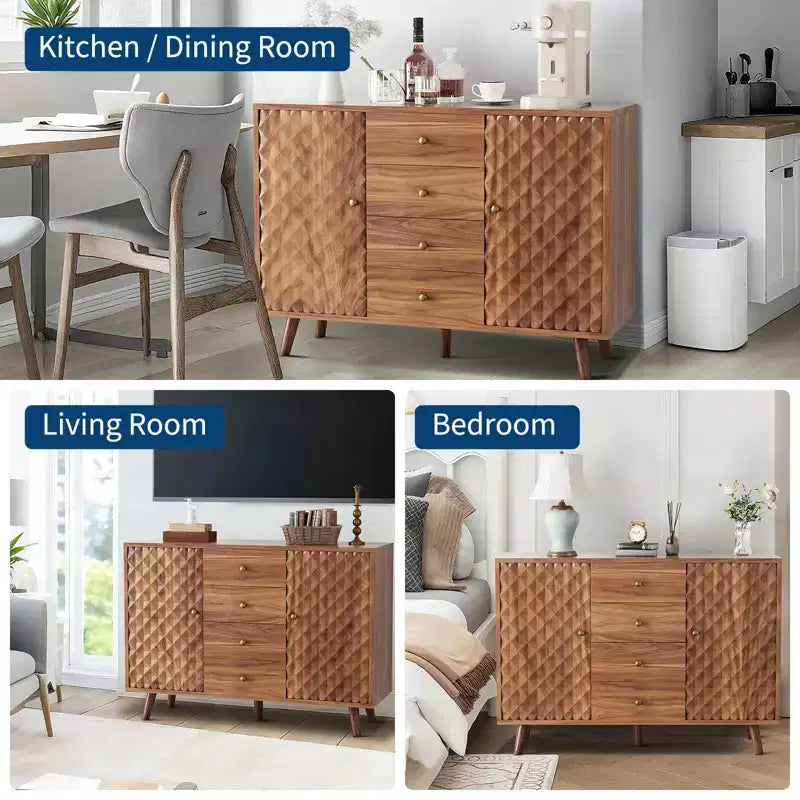 GustoWave 47 in Wood Farmhouse Buffet Cabinets with 2 Doors and 4 Drawers, Large Sideboard Buffet Cabinet with Diamond Engraving