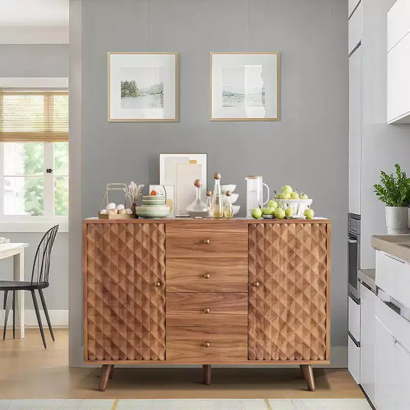 GustoWave 47 in Wood Farmhouse Buffet Cabinets with 2 Doors and 4 Drawers, Large Sideboard Buffet Cabinet with Diamond Engraving
