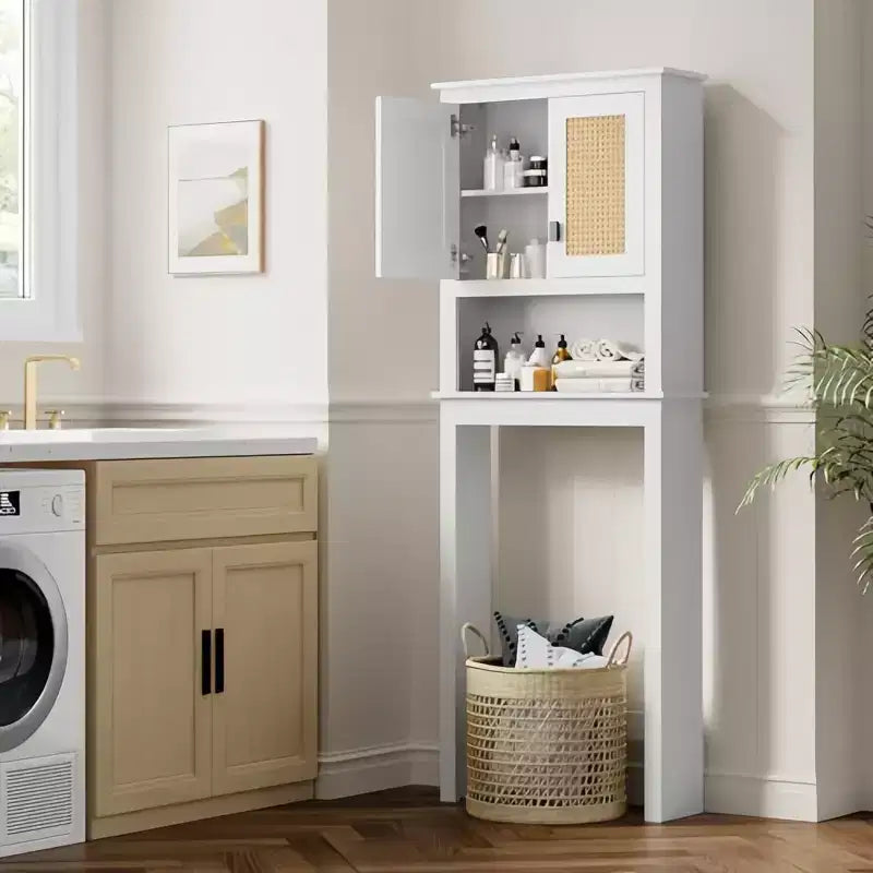 GustoWave Farmhouse Bathroom Storage Cabinet Organizer with Rattan Doors, Freestanding Wood Above Toilet Storage with Adjustable Shelf