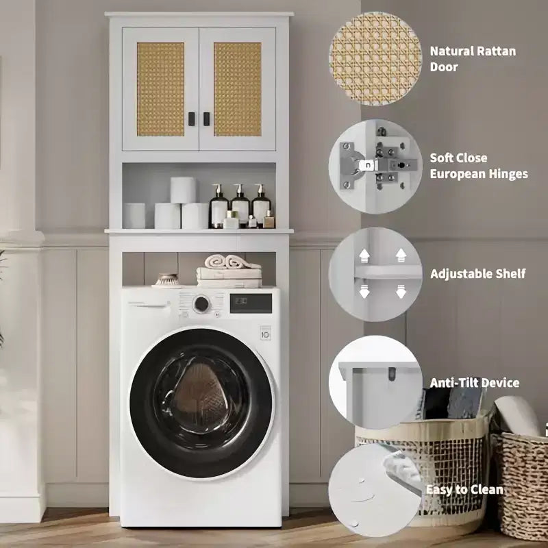 GustoWave Farmhouse Bathroom Storage Cabinet Organizer with Rattan Doors, Freestanding Wood Above Toilet Storage with Adjustable Shelf