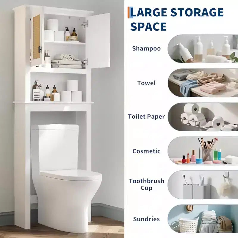 GustoWave Farmhouse Bathroom Storage Cabinet Organizer with Rattan Doors, Freestanding Wood Above Toilet Storage with Adjustable Shelf