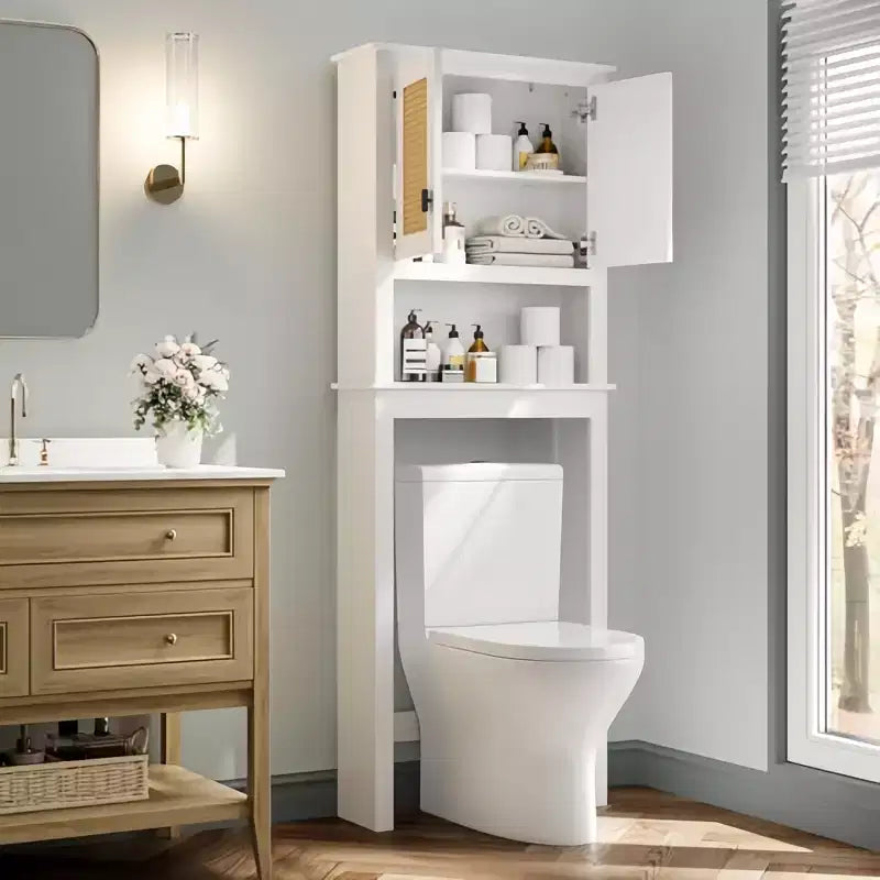 GustoWave Farmhouse Bathroom Storage Cabinet Organizer with Rattan Doors, Freestanding Wood Above Toilet Storage with Adjustable Shelf