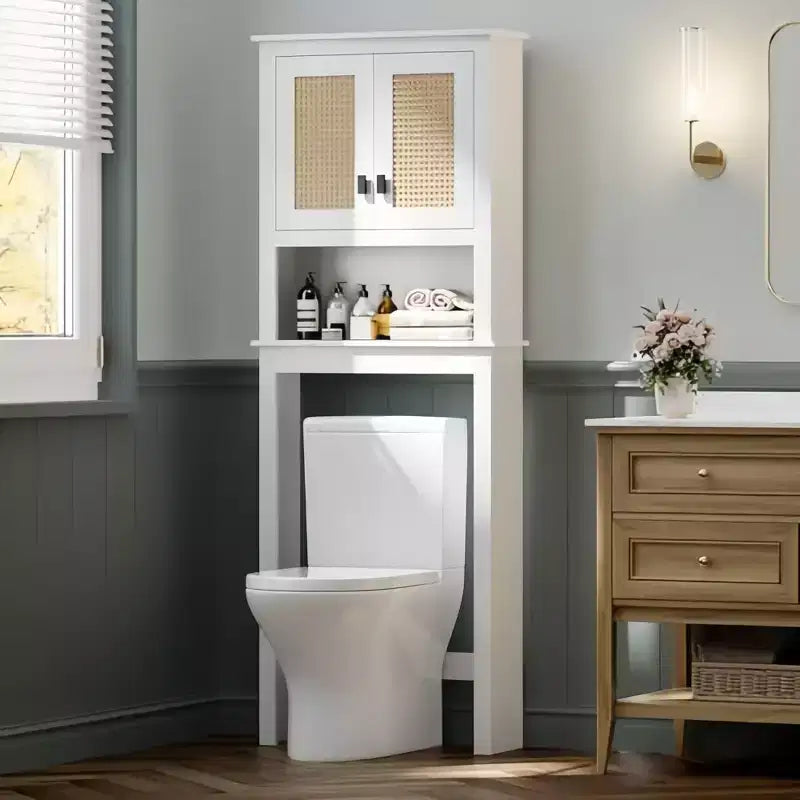 GustoWave Farmhouse Bathroom Storage Cabinet Organizer with Rattan Doors, Freestanding Wood Above Toilet Storage with Adjustable Shelf