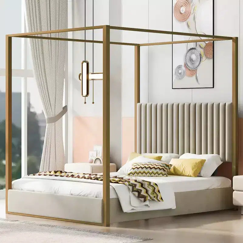 Queen Size Canopy Platform Bed with Channel Upholstery Tufted Headboard, Gold Metal 4 Post Canopy Bed Frame for Kids Teens Adult, Beige