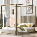 Queen Size Canopy Platform Bed with Channel Upholstery Tufted Headboard, Gold Metal 4 Post Canopy Bed Frame for Kids Teens Adult, Beige
