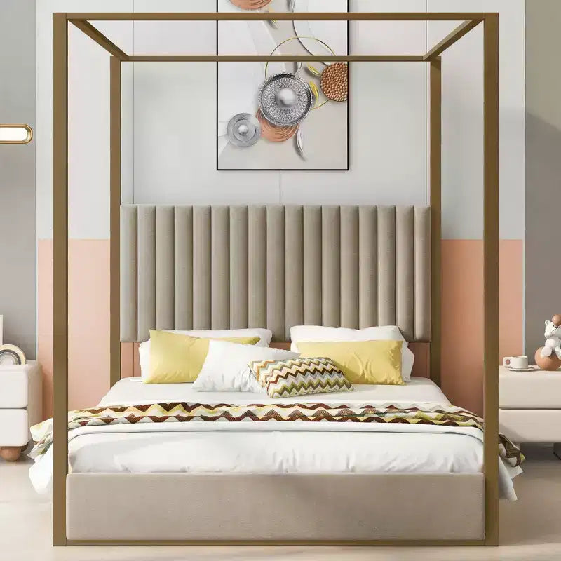 Queen Size Canopy Platform Bed with Channel Upholstery Tufted Headboard, Gold Metal 4 Post Canopy Bed Frame for Kids Teens Adult, Beige