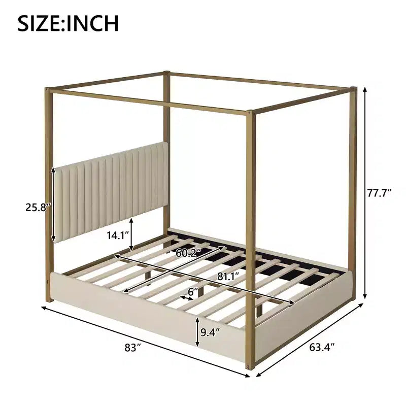 Queen Size Canopy Platform Bed with Channel Upholstery Tufted Headboard, Gold Metal 4 Post Canopy Bed Frame for Kids Teens Adult, Beige