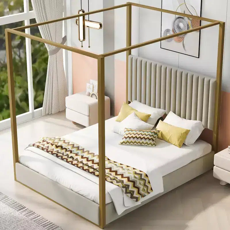 Queen Size Canopy Platform Bed with Channel Upholstery Tufted Headboard, Gold Metal 4 Post Canopy Bed Frame for Kids Teens Adult, Beige