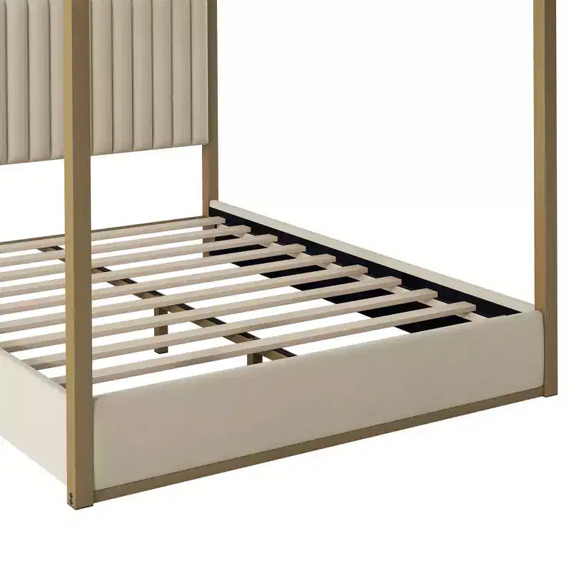 Queen Size Canopy Platform Bed with Channel Upholstery Tufted Headboard, Gold Metal 4 Post Canopy Bed Frame for Kids Teens Adult, Beige