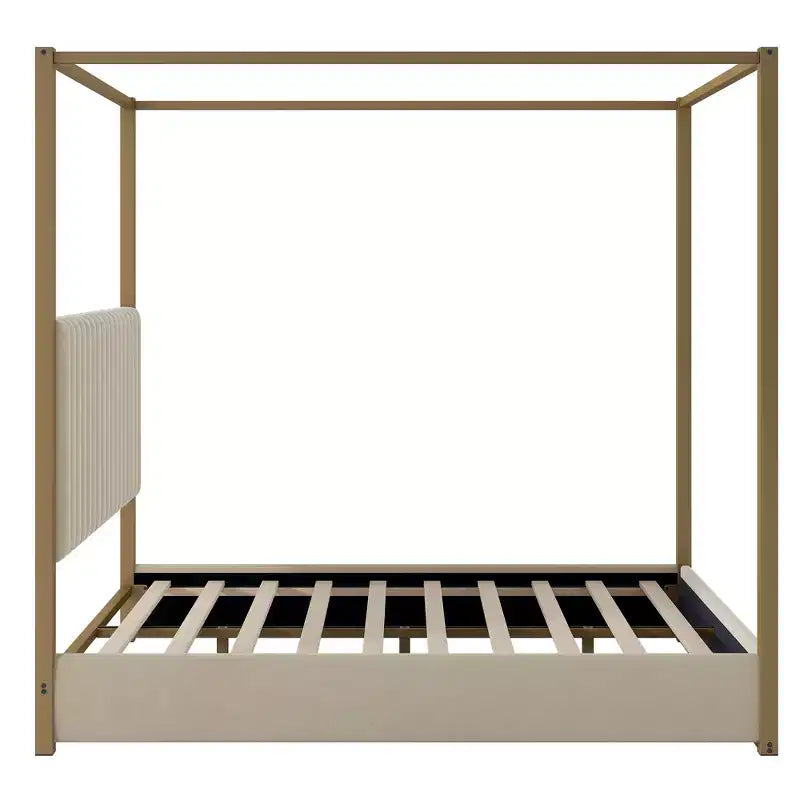 Queen Size Canopy Platform Bed with Channel Upholstery Tufted Headboard, Gold Metal 4 Post Canopy Bed Frame for Kids Teens Adult, Beige