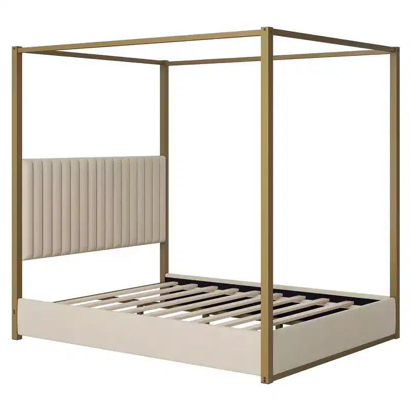 Queen Size Canopy Platform Bed with Channel Upholstery Tufted Headboard, Gold Metal 4 Post Canopy Bed Frame for Kids Teens Adult, Beige