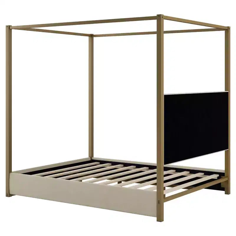 Queen Size Canopy Platform Bed with Channel Upholstery Tufted Headboard, Gold Metal 4 Post Canopy Bed Frame for Kids Teens Adult, Beige