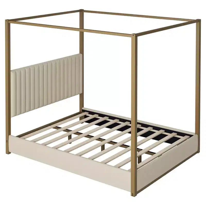 Queen Size Canopy Platform Bed with Channel Upholstery Tufted Headboard, Gold Metal 4 Post Canopy Bed Frame for Kids Teens Adult, Beige