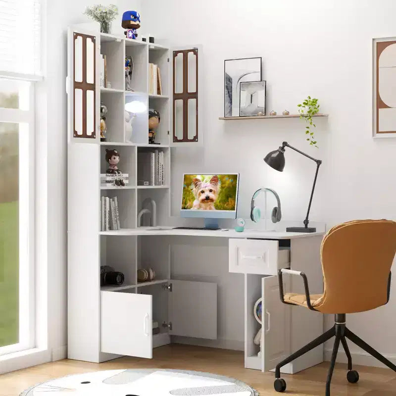 CLIHOME 2-in-1 L-Shaped Corner Computer Desk for Home Office or Study, Study Table with Drawers, Bookshelf & Hutch, Large Working Space