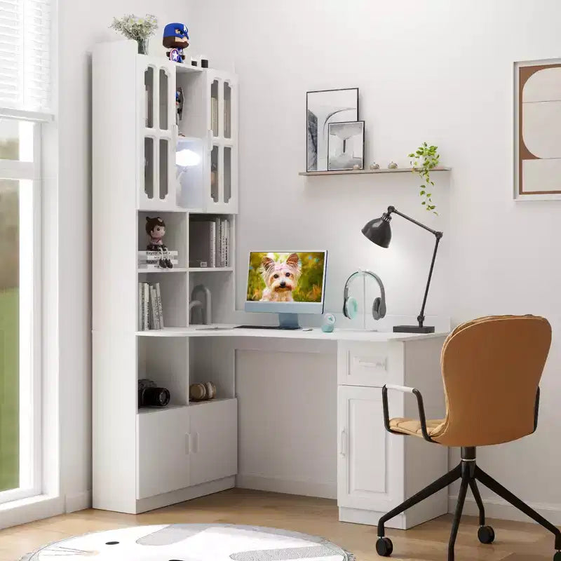 CLIHOME 2-in-1 L-Shaped Corner Computer Desk for Home Office or Study, Study Table with Drawers, Bookshelf & Hutch, Large Working Space
