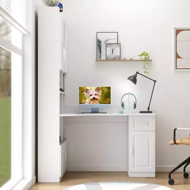 CLIHOME 2-in-1 L-Shaped Corner Computer Desk for Home Office or Study, Study Table with Drawers, Bookshelf & Hutch, Large Working Space