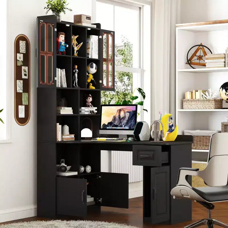 CLIHOME 2-in-1 L-Shaped Corner Computer Desk for Home Office or Study, Study Table with Drawers, Bookshelf & Hutch, Large Working Space