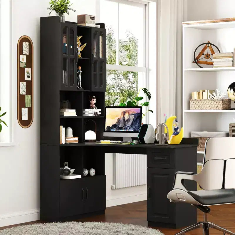CLIHOME 2-in-1 L-Shaped Corner Computer Desk for Home Office or Study, Study Table with Drawers, Bookshelf & Hutch, Large Working Space