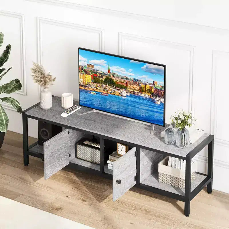 TV Stand for TV up to 65 Inches, Large TV Console Table with 2 Closed Storage Spaces and Open Compartments, Wooden Entertainment Center with Feet