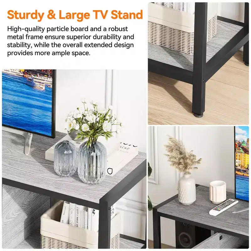 TV Stand for TV up to 65 Inches, Large TV Console Table with 2 Closed Storage Spaces and Open Compartments, Wooden Entertainment Center with Feet