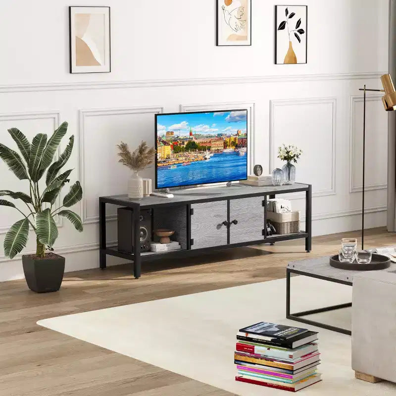 TV Stand for TV up to 65 Inches, Large TV Console Table with 2 Closed Storage Spaces and Open Compartments, Wooden Entertainment Center with Feet