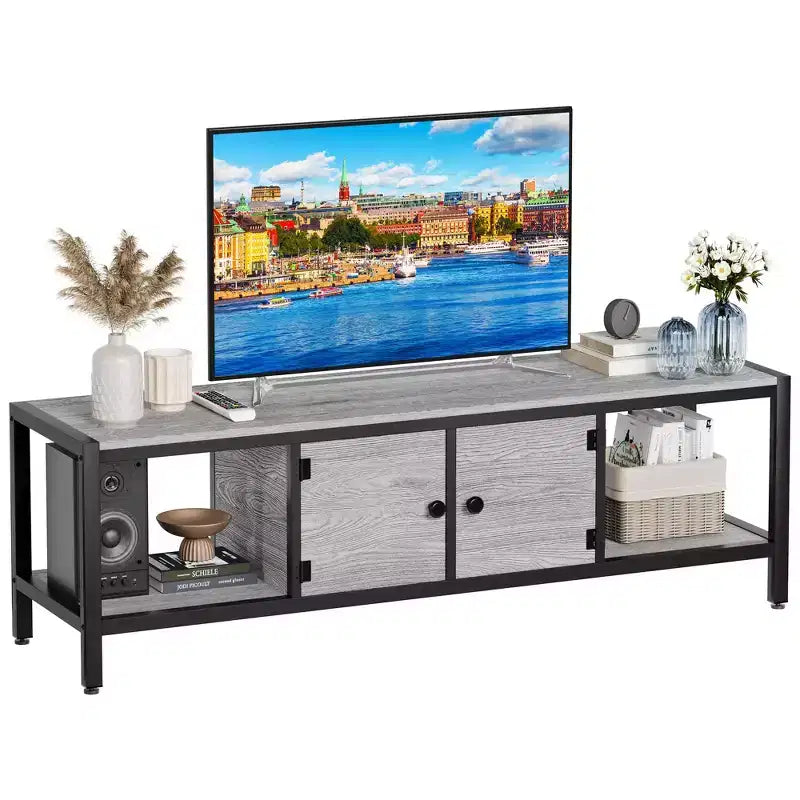 TV Stand for TV up to 65 Inches, Large TV Console Table with 2 Closed Storage Spaces and Open Compartments, Wooden Entertainment Center with Feet