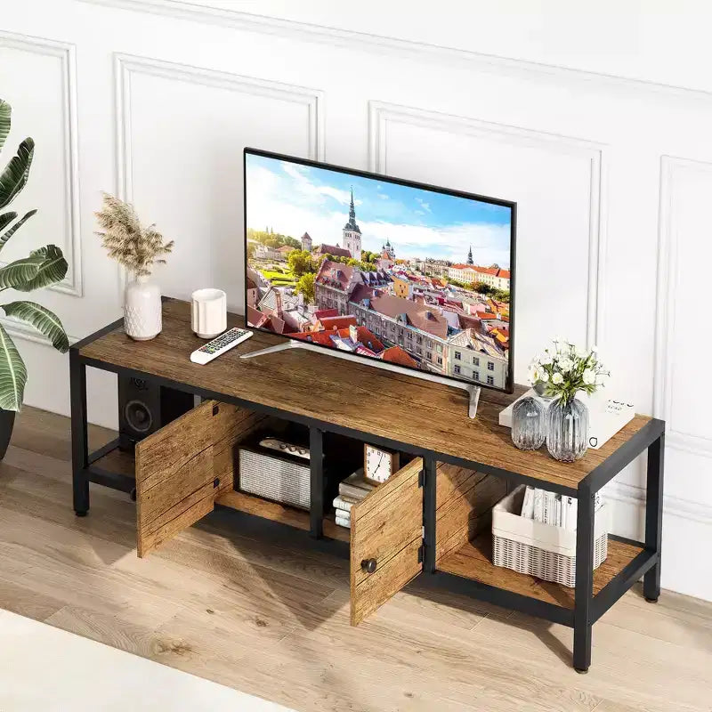 TV Stand for TV up to 65 Inches, Large TV Console Table with 2 Closed Storage Spaces and Open Compartments, Wooden Entertainment Center with Feet
