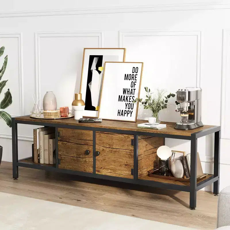 TV Stand for TV up to 65 Inches, Large TV Console Table with 2 Closed Storage Spaces and Open Compartments, Wooden Entertainment Center with Feet